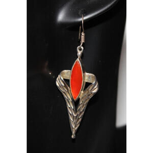 Vintage Sterling Silver Dangle Earrings – Spiny Oyster Shell – 2.5" Orange Color